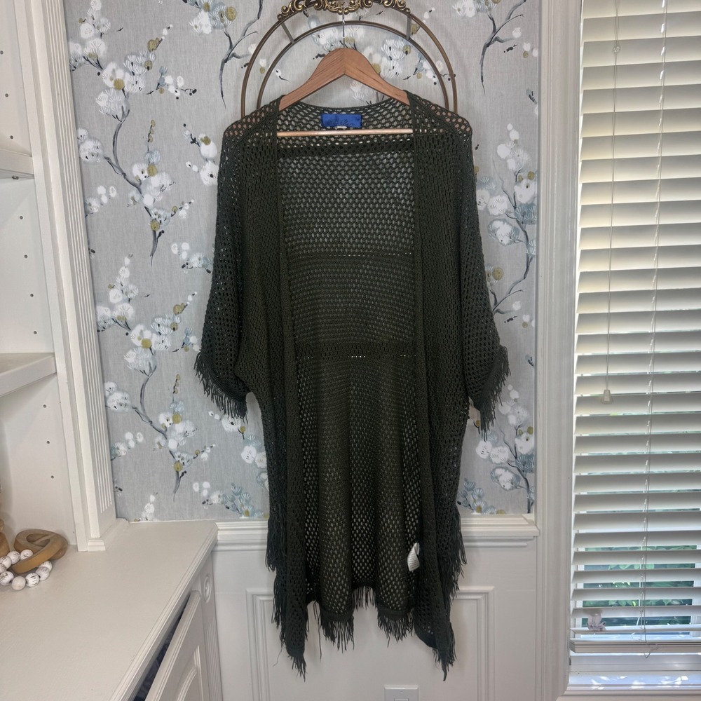 Blue Rain Olive Green Open Knit Crochet Fringe Cardigan Sweater Medium